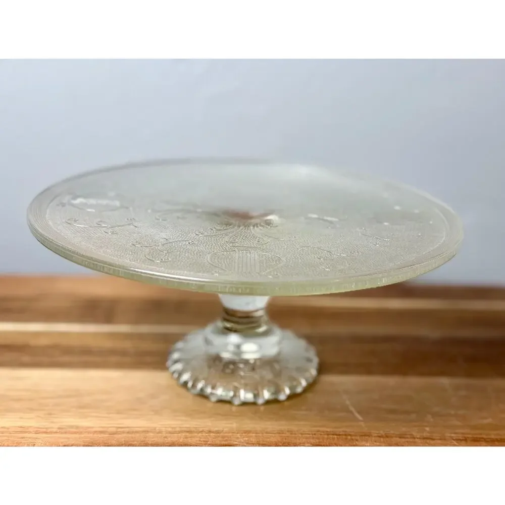 Vintage Jeannette Harp Lyre Cake Stand | Mid Century Pressed Glass Dessert